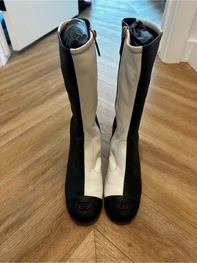 CHANEL Black and White Two-Tone Knee-High Heeled Boots